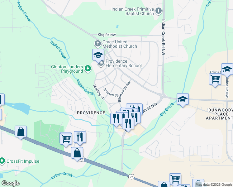 map of restaurants, bars, coffee shops, grocery stores, and more near 5 Braxton Street in Huntsville