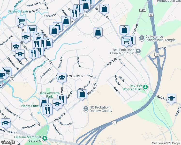 map of restaurants, bars, coffee shops, grocery stores, and more near 602 New River Drive in Jacksonville