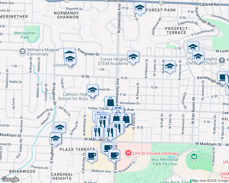 map of restaurants, bars, coffee shops, grocery stores, and more near 6103 Ridgecrest Drive in Little Rock