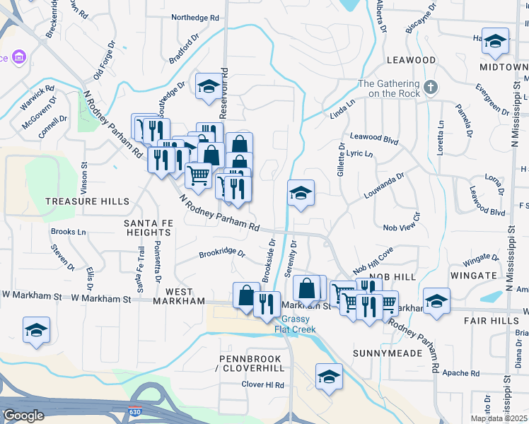 map of restaurants, bars, coffee shops, grocery stores, and more near 601 Brookside Drive in Little Rock