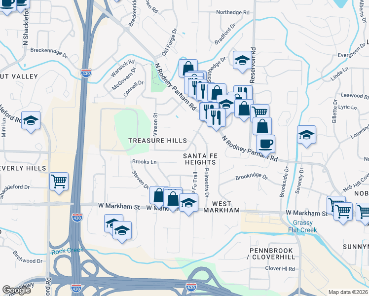 map of restaurants, bars, coffee shops, grocery stores, and more near 9710 Treasure Hill Road in Little Rock