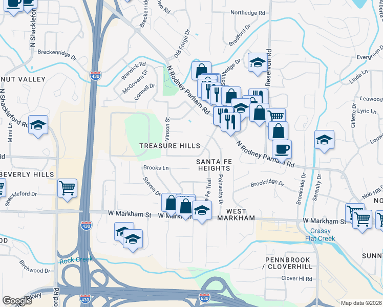 map of restaurants, bars, coffee shops, grocery stores, and more near 9710 Treasure Hill Road in Little Rock