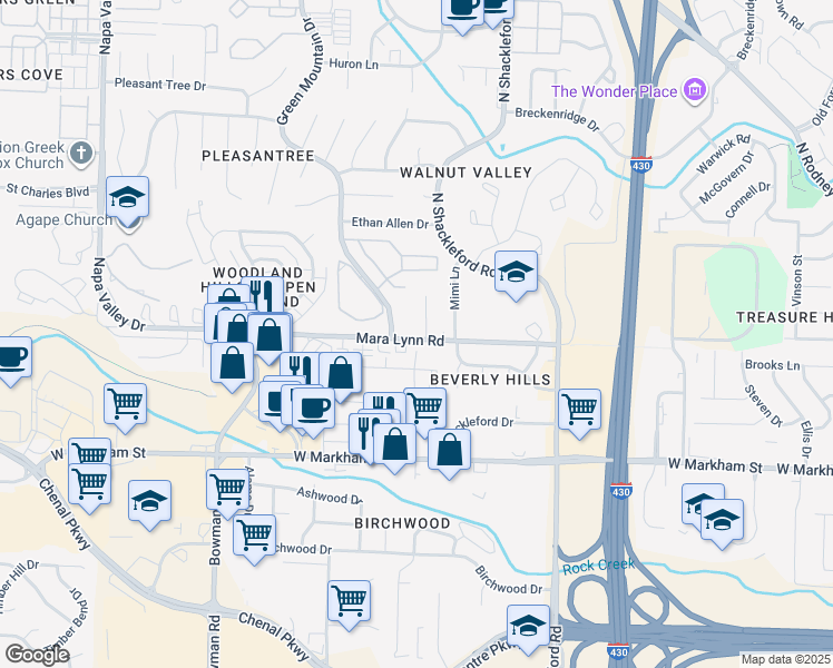 map of restaurants, bars, coffee shops, grocery stores, and more near 504 Green Mountain Drive in Little Rock