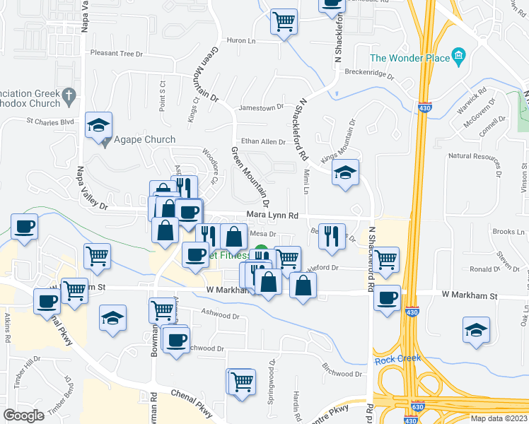 map of restaurants, bars, coffee shops, grocery stores, and more near 504 Green Mountain Drive in Little Rock