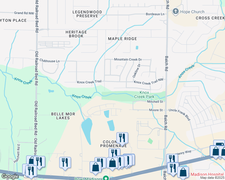map of restaurants, bars, coffee shops, grocery stores, and more near 179 Sandy Hollow Drive Northwest in Madison