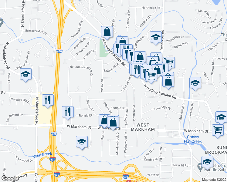 map of restaurants, bars, coffee shops, grocery stores, and more near 9800 Treasure Hill Road in Little Rock