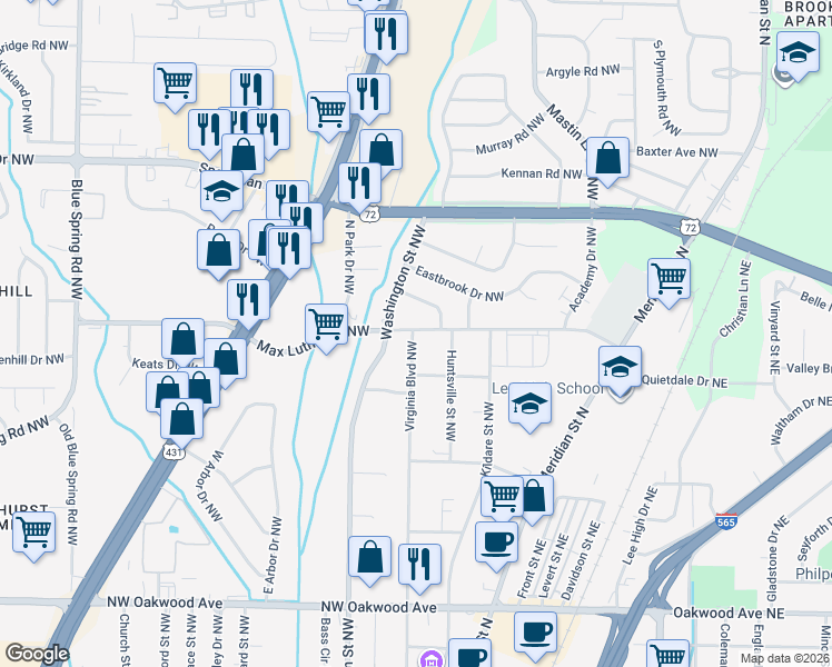 map of restaurants, bars, coffee shops, grocery stores, and more near 2616 Virginia Boulevard Northwest in Huntsville