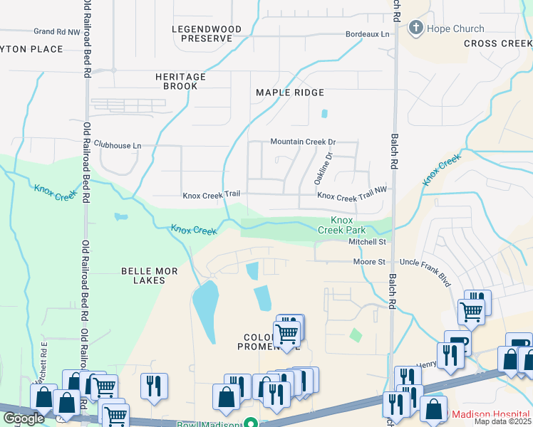 map of restaurants, bars, coffee shops, grocery stores, and more near 179 Sandy Hollow Drive Northwest in Madison
