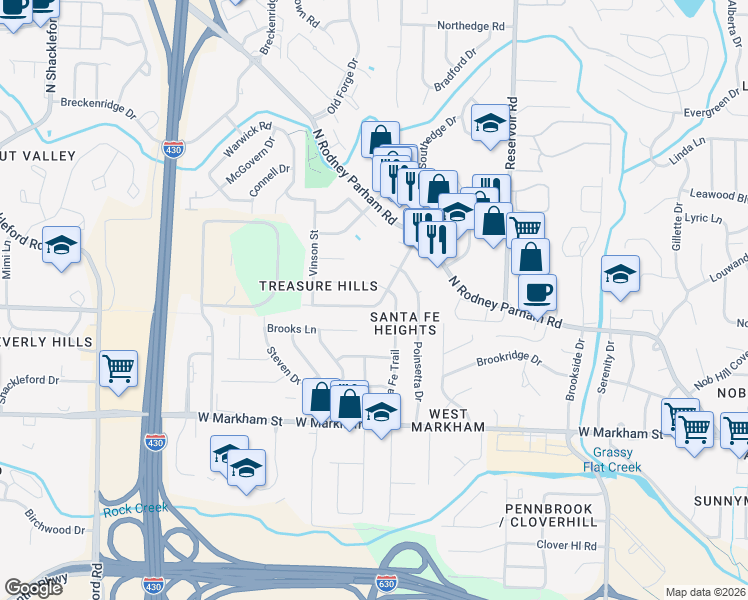 map of restaurants, bars, coffee shops, grocery stores, and more near 9710 Treasure Hill Road in Little Rock