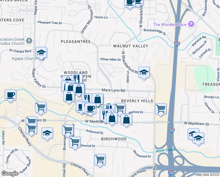 map of restaurants, bars, coffee shops, grocery stores, and more near 504 Green Mountain Drive in Little Rock