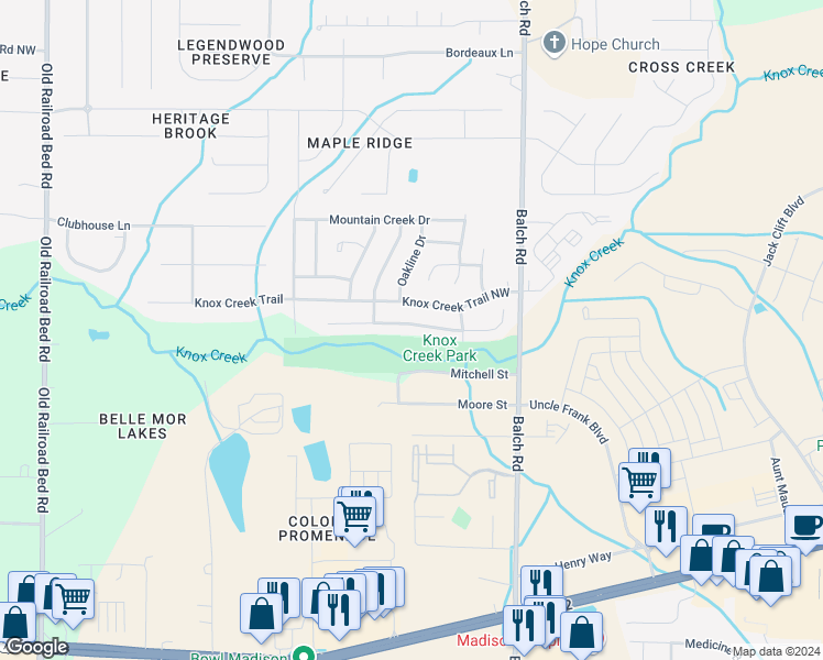 map of restaurants, bars, coffee shops, grocery stores, and more near 145 Sandy Hollow Drive Northwest in Madison