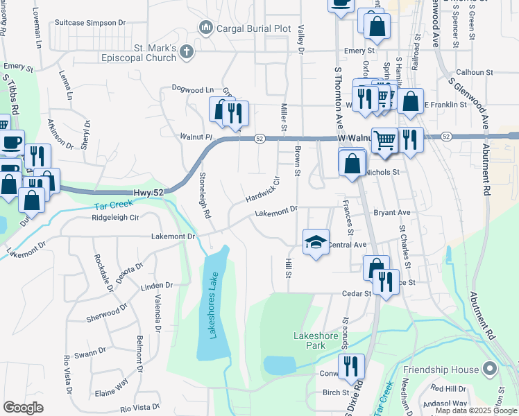 map of restaurants, bars, coffee shops, grocery stores, and more near 618 Lakemont Dr in Dalton