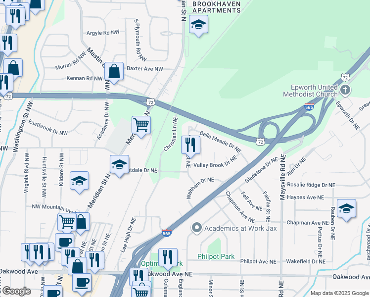 map of restaurants, bars, coffee shops, grocery stores, and more near 2615 Vinyard Street Northeast in Huntsville