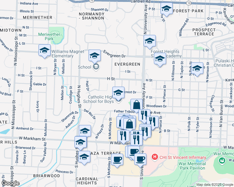 map of restaurants, bars, coffee shops, grocery stores, and more near 6405 Ridgecrest Drive in Little Rock