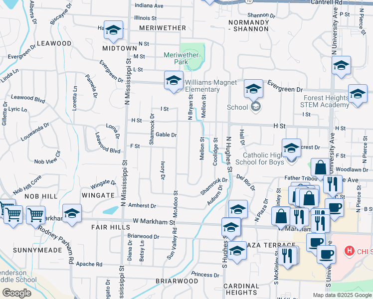 map of restaurants, bars, coffee shops, grocery stores, and more near 622 North Bryan Street in Little Rock