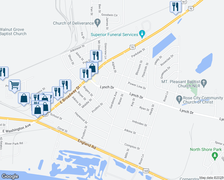 map of restaurants, bars, coffee shops, grocery stores, and more near 524 Pollock Street in North Little Rock