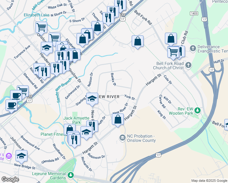 map of restaurants, bars, coffee shops, grocery stores, and more near 108 Bryan Court in Jacksonville