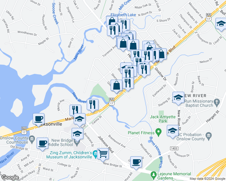 map of restaurants, bars, coffee shops, grocery stores, and more near 107 Queens Road in Jacksonville