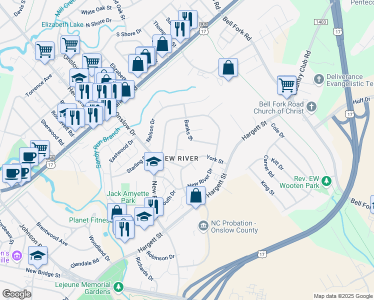 map of restaurants, bars, coffee shops, grocery stores, and more near 108 Bryan Court in Jacksonville