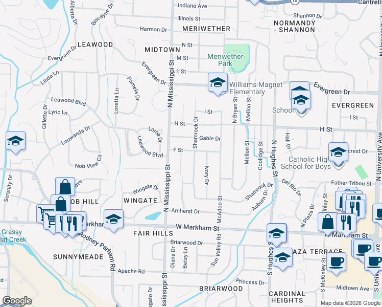 map of restaurants, bars, coffee shops, grocery stores, and more near 610 Shamrock Drive in Little Rock