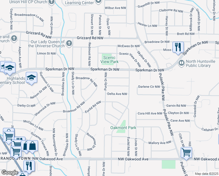 map of restaurants, bars, coffee shops, grocery stores, and more near 3318 Barton Avenue Northwest in Huntsville
