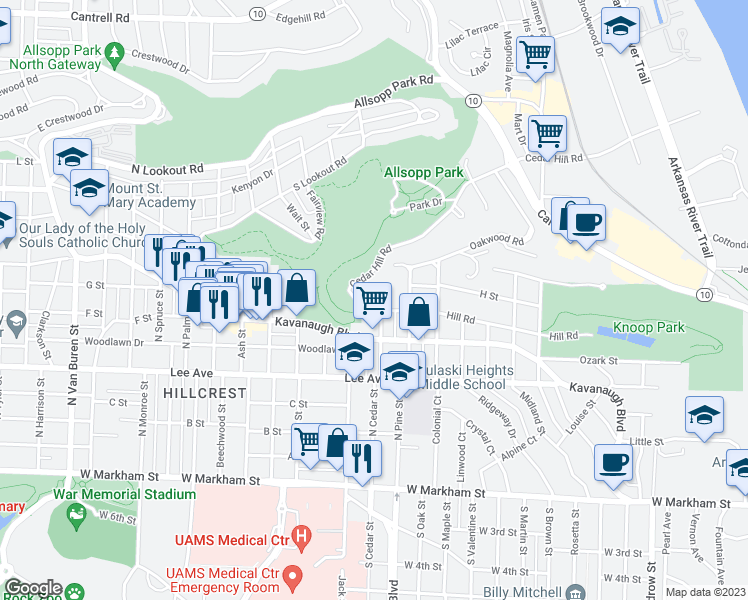 map of restaurants, bars, coffee shops, grocery stores, and more near 1 Yorkshire Place in Little Rock