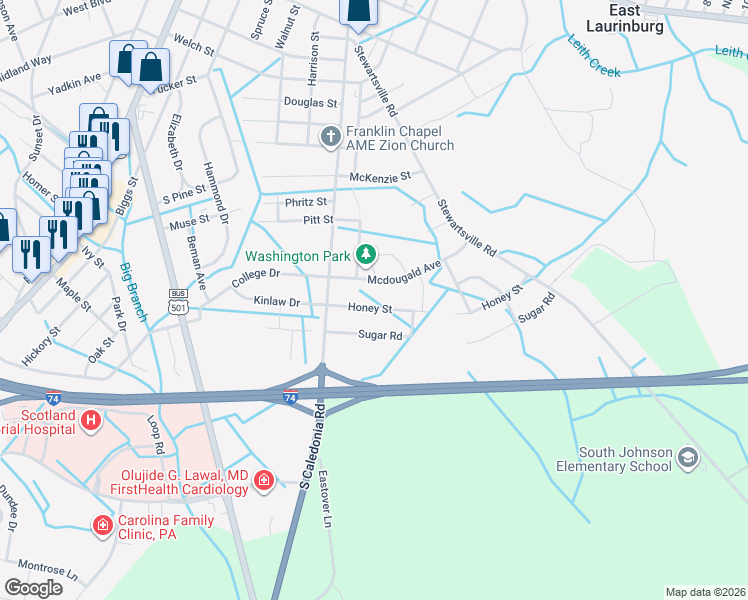 map of restaurants, bars, coffee shops, grocery stores, and more near 416 Honey Street in Laurinburg