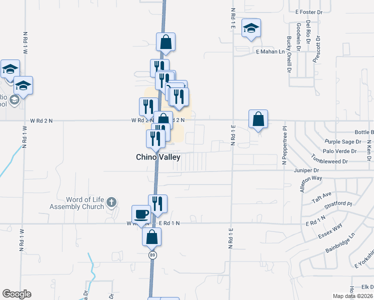 map of restaurants, bars, coffee shops, grocery stores, and more near Forest Srv Road in Chino Valley