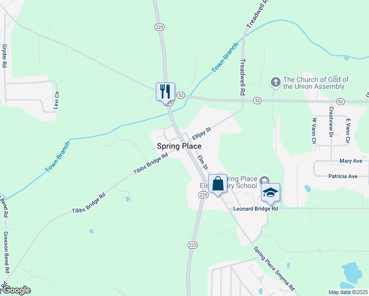 map of restaurants, bars, coffee shops, grocery stores, and more near 285 Georgia 225 in Chatsworth