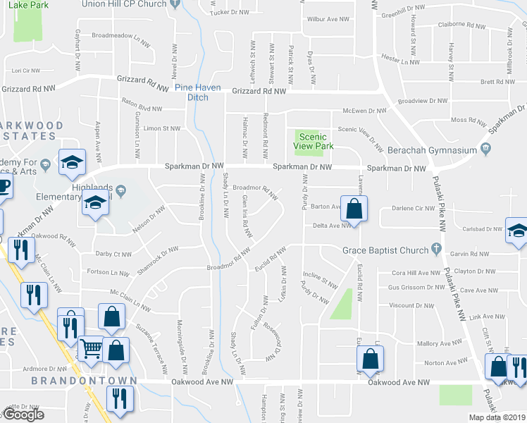 map of restaurants, bars, coffee shops, grocery stores, and more near 2206 Glen Iris Circle Northwest in Huntsville