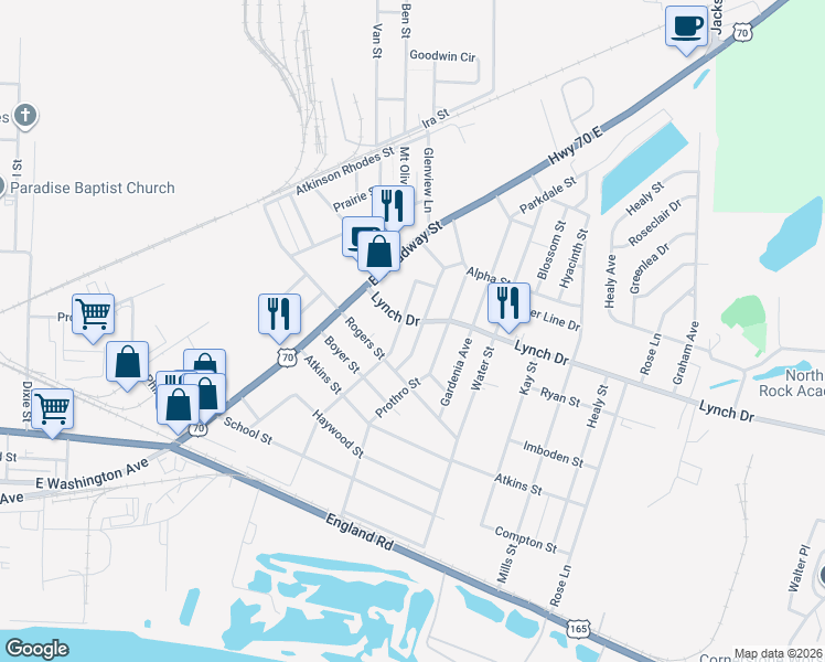 map of restaurants, bars, coffee shops, grocery stores, and more near 521 Gordon Street in North Little Rock