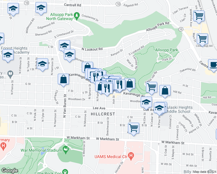 map of restaurants, bars, coffee shops, grocery stores, and more near in Little Rock