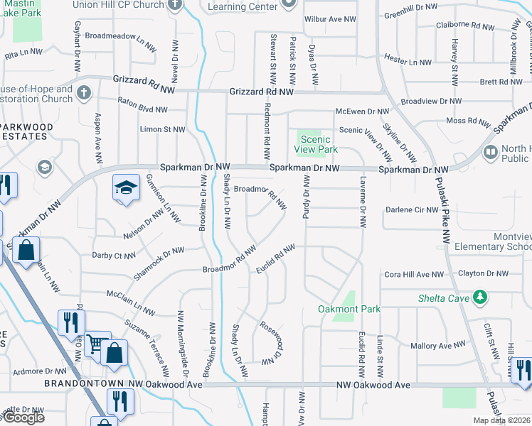 map of restaurants, bars, coffee shops, grocery stores, and more near 2206 Glen Iris Circle Northwest in Huntsville