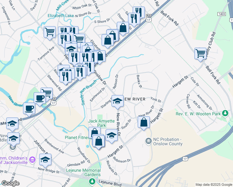 map of restaurants, bars, coffee shops, grocery stores, and more near 2284 Onslow Drive in Jacksonville