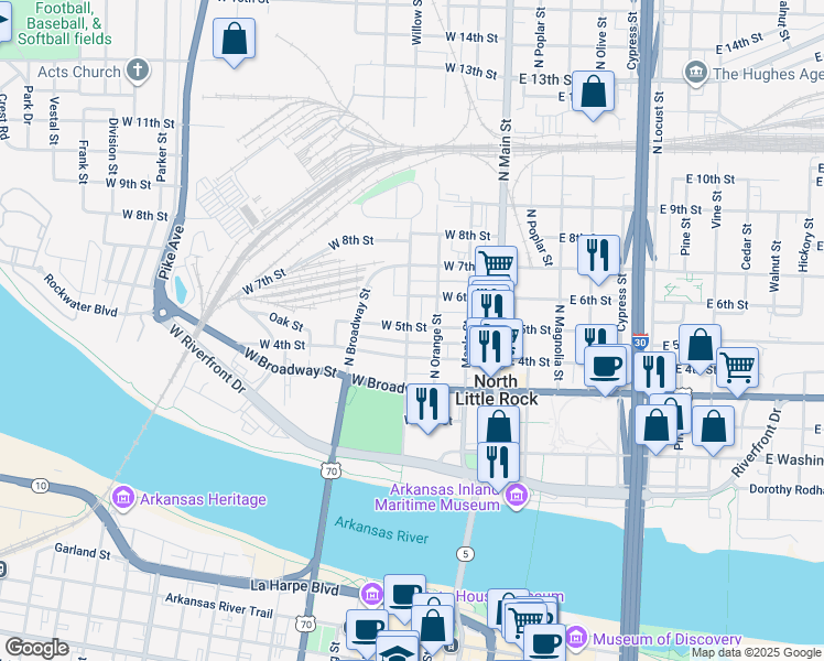 map of restaurants, bars, coffee shops, grocery stores, and more near 420 Willow Street in North Little Rock