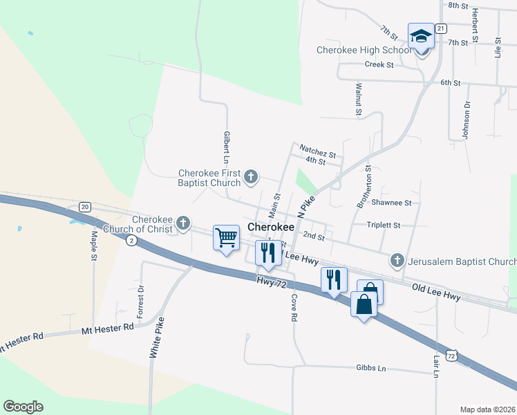 map of restaurants, bars, coffee shops, grocery stores, and more near 941 3rd Street in Cherokee