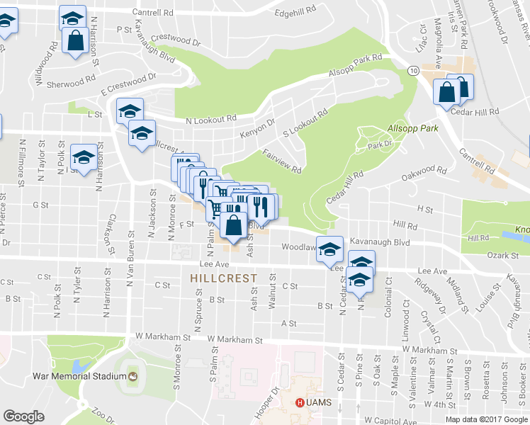 map of restaurants, bars, coffee shops, grocery stores, and more near 714 Walnut St in Little Rock