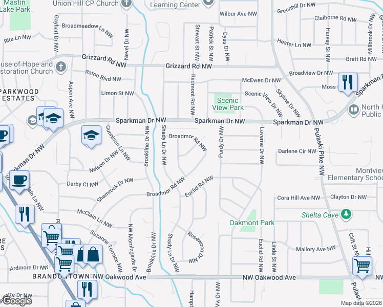 map of restaurants, bars, coffee shops, grocery stores, and more near 2206 Glen Iris Circle Northwest in Huntsville