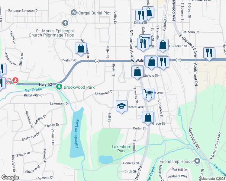 map of restaurants, bars, coffee shops, grocery stores, and more near 998 Brown Street in Dalton