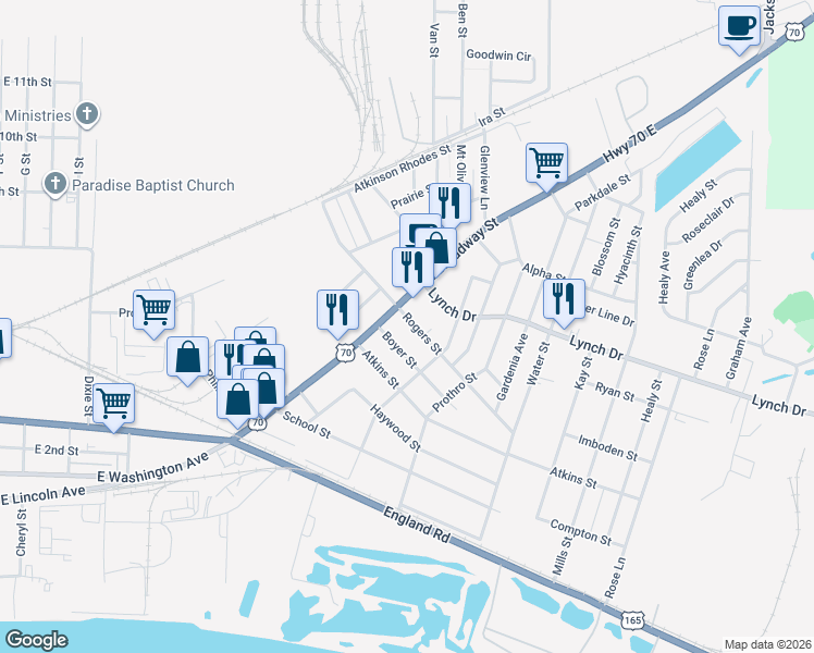 map of restaurants, bars, coffee shops, grocery stores, and more near 4404 Rogers Street in North Little Rock