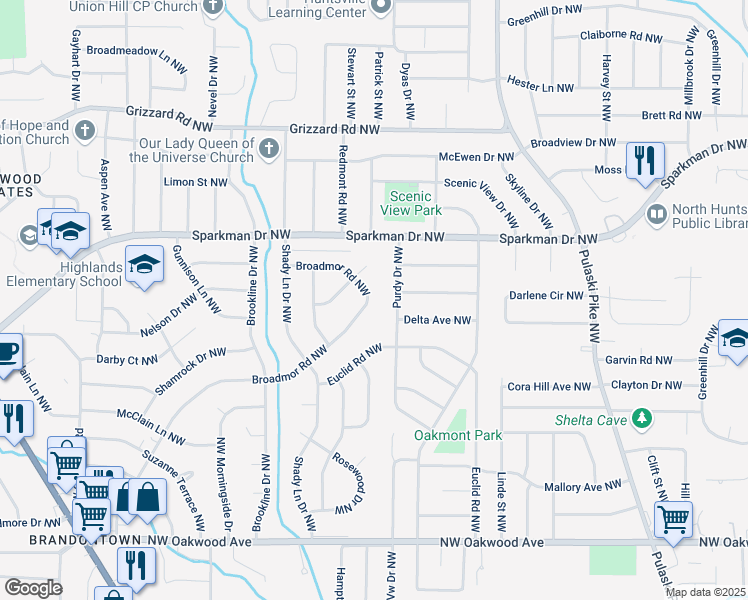 map of restaurants, bars, coffee shops, grocery stores, and more near 3707 Broadmor Road Northwest in Huntsville