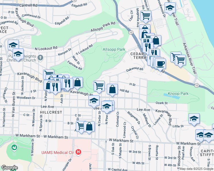 map of restaurants, bars, coffee shops, grocery stores, and more near 3800 Hill Road in Little Rock