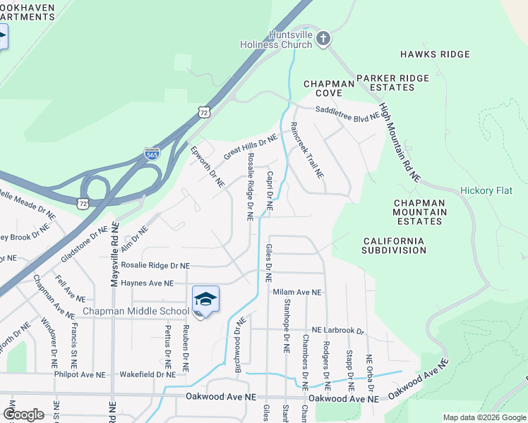 map of restaurants, bars, coffee shops, grocery stores, and more near 1901 Capri Drive Northeast in Huntsville