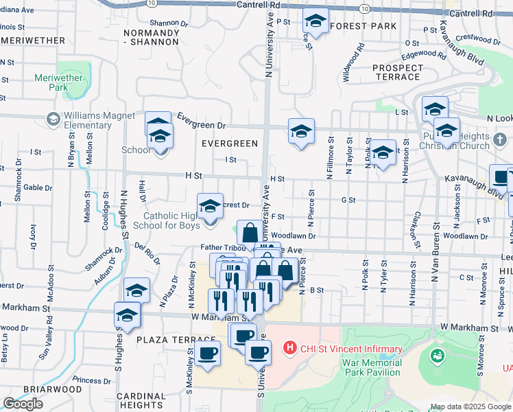 map of restaurants, bars, coffee shops, grocery stores, and more near 6103 Ridgecrest Drive in Little Rock