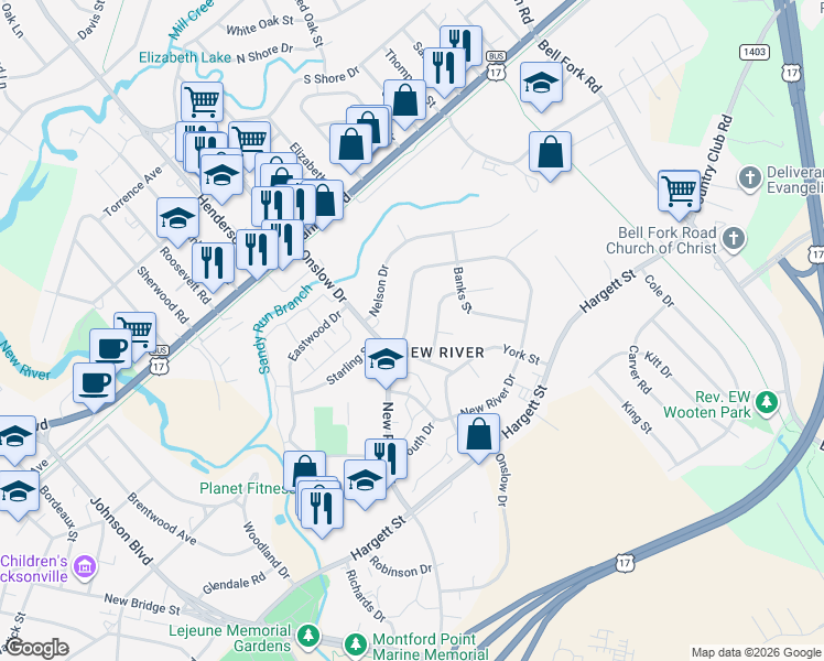 map of restaurants, bars, coffee shops, grocery stores, and more near 402 New River Drive in Jacksonville
