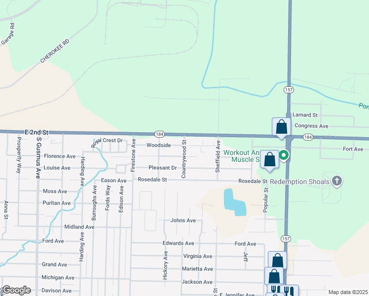 map of restaurants, bars, coffee shops, grocery stores, and more near 2500 Woodside in Muscle Shoals