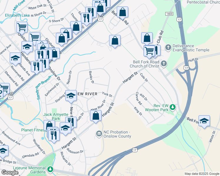 map of restaurants, bars, coffee shops, grocery stores, and more near 607 New River Drive in Jacksonville