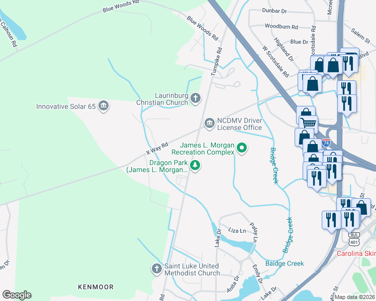 map of restaurants, bars, coffee shops, grocery stores, and more near 1206 State Road Turnpike Road in Laurinburg