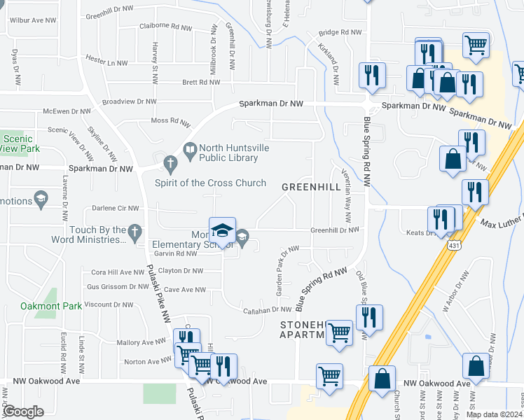 map of restaurants, bars, coffee shops, grocery stores, and more near 2728 Monticello Drive Northwest in Huntsville