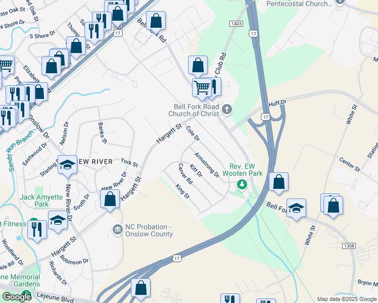 map of restaurants, bars, coffee shops, grocery stores, and more near 102 Armstrong Drive in Jacksonville